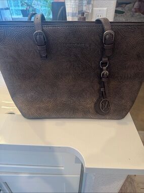 Montana West Embossed Brown Leather Tote with Medallion Charm
